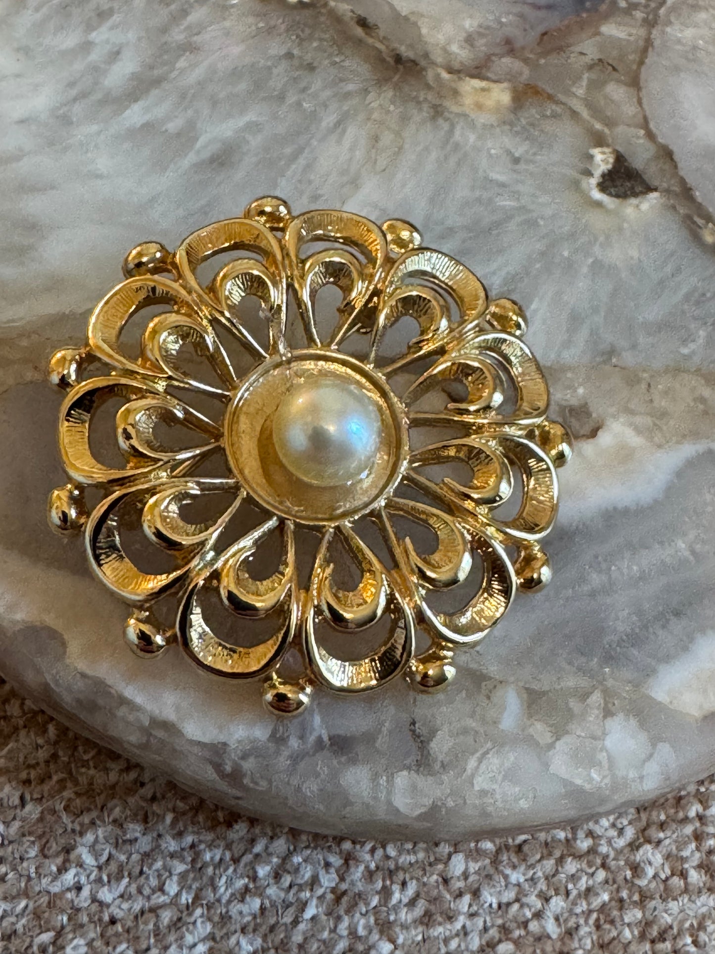 Vintage Givenchy Gold-Tone Openwork Flower Pearl Brooch – Signed 1990s