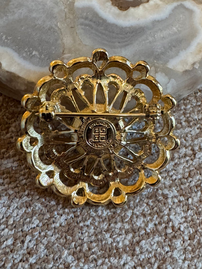 Vintage Givenchy Gold-Tone Openwork Flower Pearl Brooch – Signed 1990s