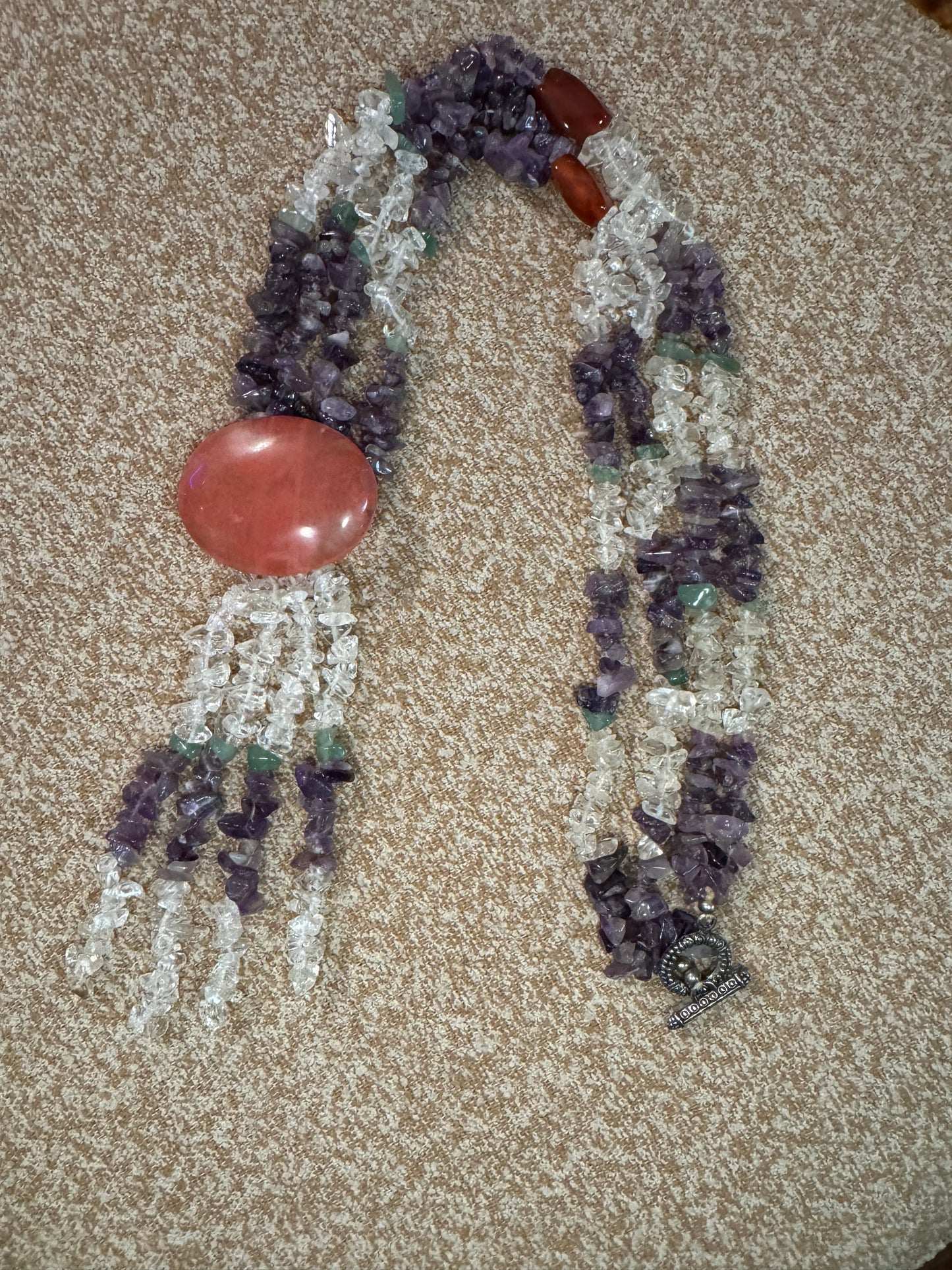 Vintage One-of-a-Kind Amethyst & Quartz Gemstone Necklace with Rose Quartz Pendant