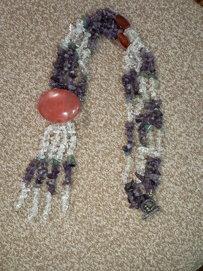 Vintage One-of-a-Kind Amethyst & Quartz Gemstone Necklace with Rose Quartz Pendant