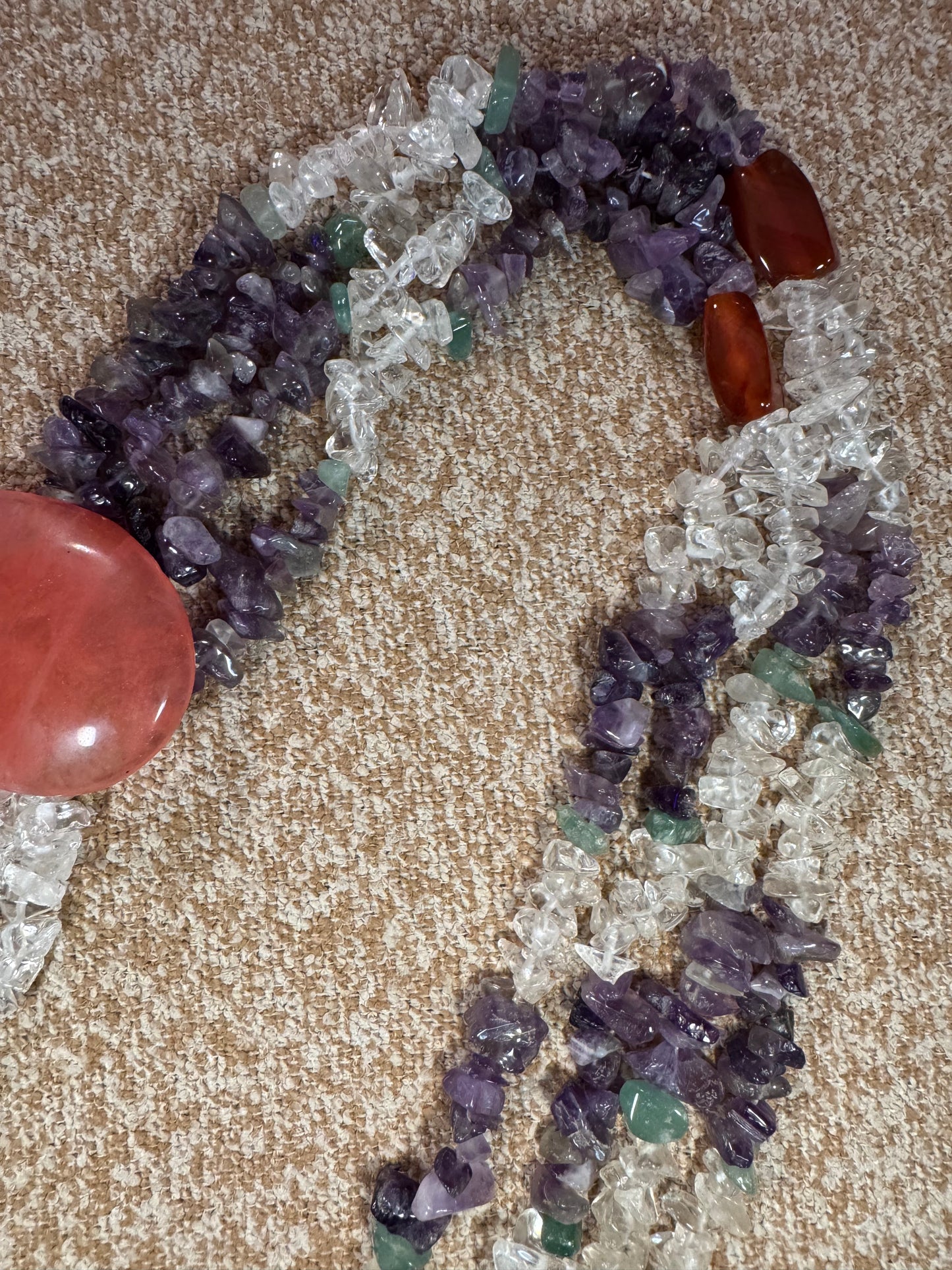 Vintage One-of-a-Kind Amethyst & Quartz Gemstone Necklace with Rose Quartz Pendant