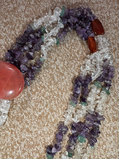 Vintage One-of-a-Kind Amethyst & Quartz Gemstone Necklace with Rose Quartz Pendant