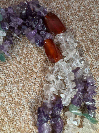 Vintage One-of-a-Kind Amethyst & Quartz Gemstone Necklace with Rose Quartz Pendant