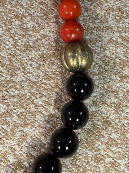 Vintage Chinese Longevity Pendant Necklace – Cinnabar and Onyx Beads