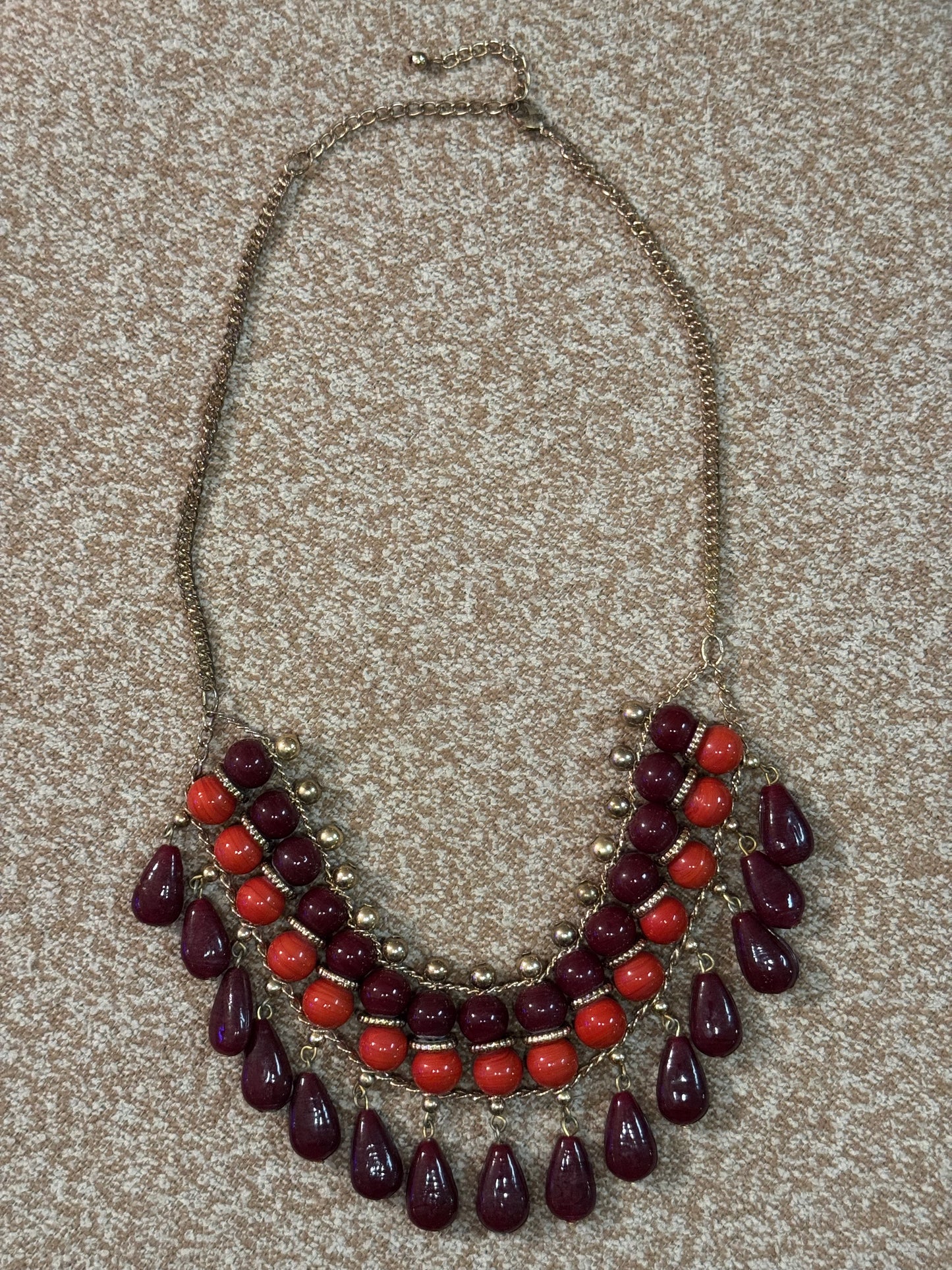 Vintage-Style Red and Burgundy Multi-Strand Statement Necklace – Gold-Tone Accents