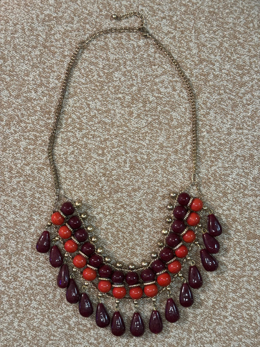 Vintage-Style Red and Burgundy Multi-Strand Statement Necklace – Gold-Tone Accents