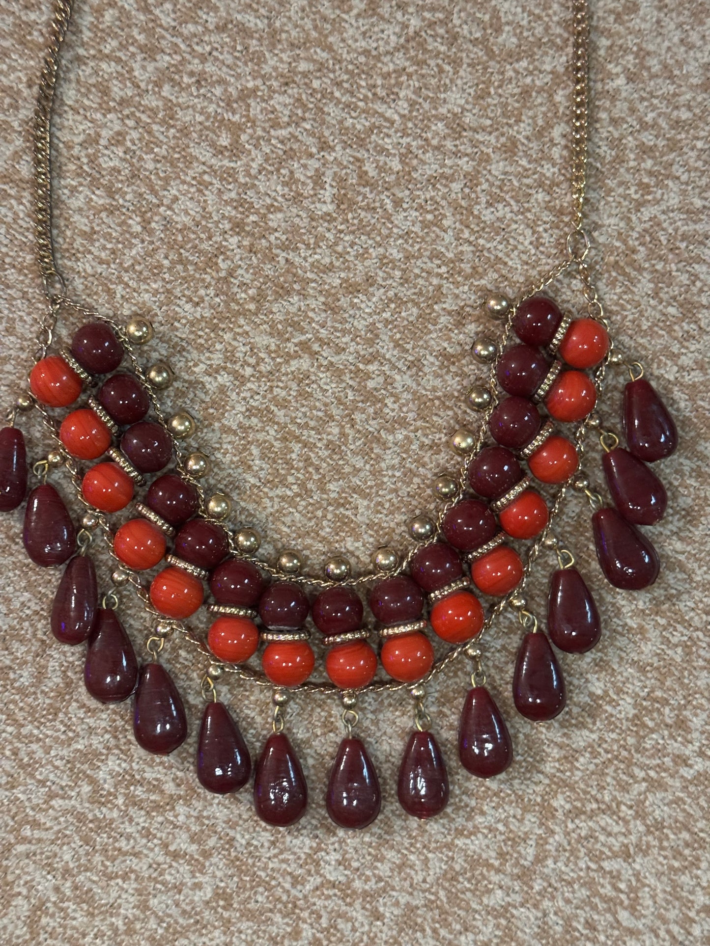 Vintage-Style Red and Burgundy Multi-Strand Statement Necklace – Gold-Tone Accents
