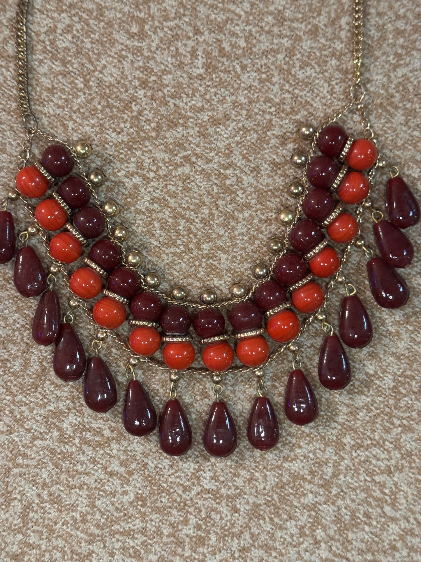 Vintage-Style Red and Burgundy Multi-Strand Statement Necklace – Gold-Tone Accents