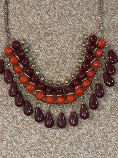 Vintage-Style Red and Burgundy Multi-Strand Statement Necklace – Gold-Tone Accents
