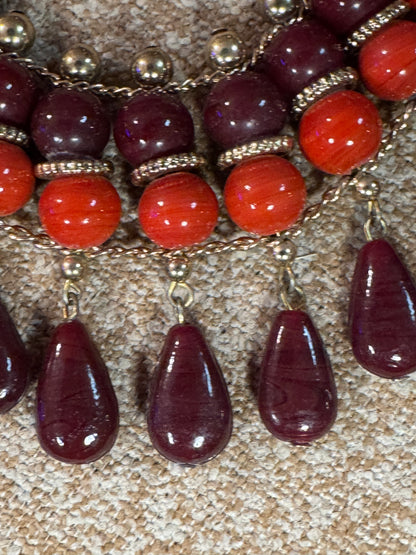 Vintage-Style Red and Burgundy Multi-Strand Statement Necklace – Gold-Tone Accents