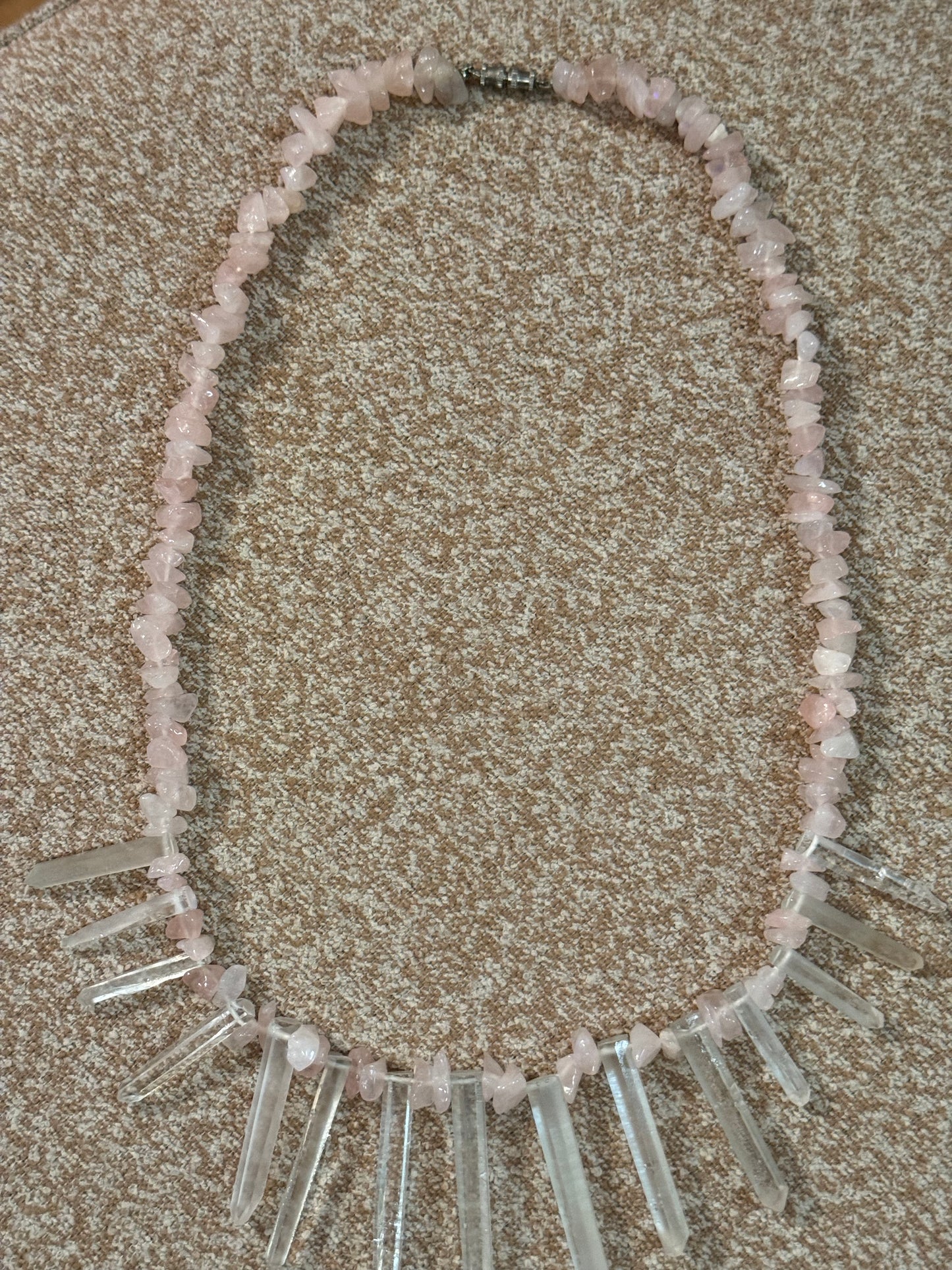 Vintage Chunky Rose Quartz and Clear Quartz Crystal Necklace – Healing and Bohemian Style