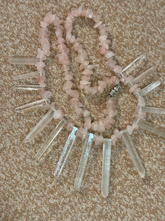 Vintage Chunky Rose Quartz and Clear Quartz Crystal Necklace – Healing and Bohemian Style