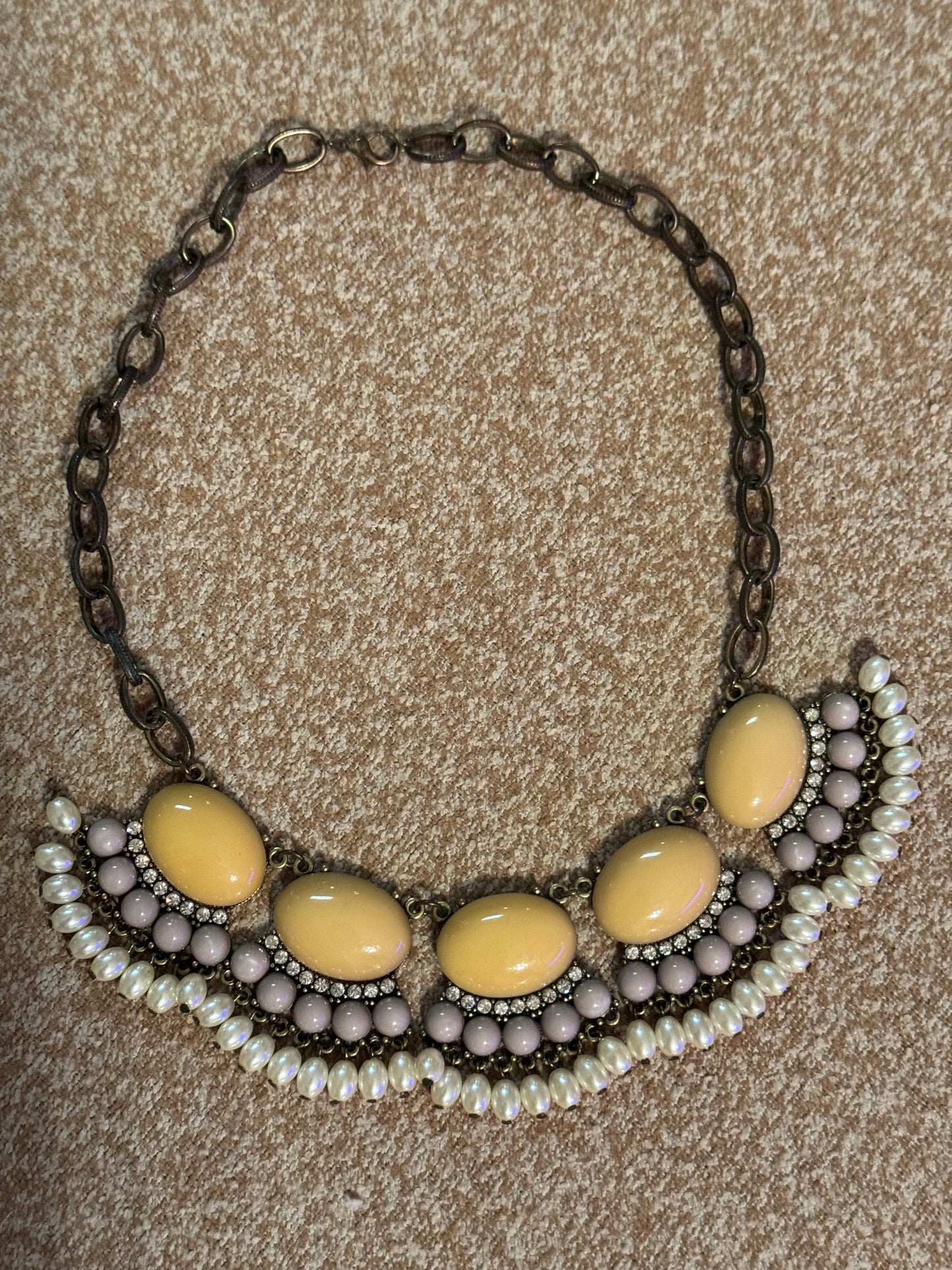 Gunmetal Statement Necklace with Yellow-Tan Cabochons and Faux Pearls