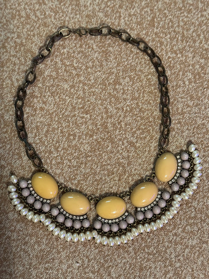 Gunmetal Statement Necklace with Yellow-Tan Cabochons and Faux Pearls