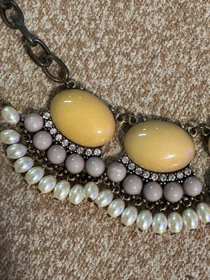 Gunmetal Statement Necklace with Yellow-Tan Cabochons and Faux Pearls