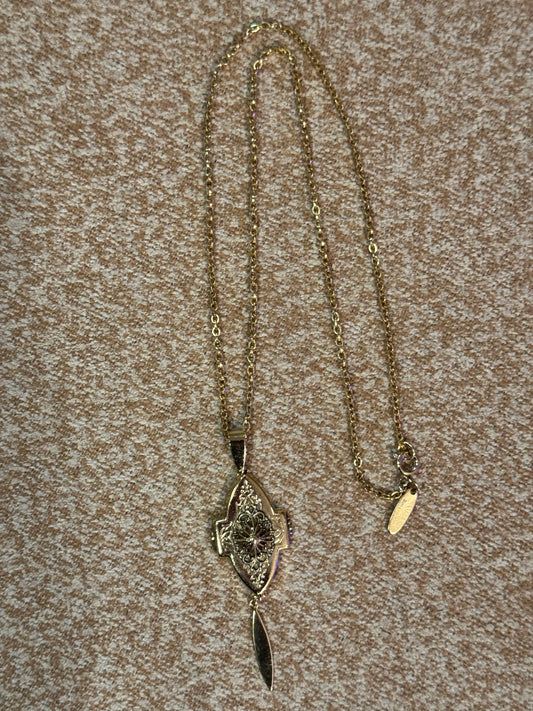 Signed Whiting and Davis Vintage Gold-Tone Locket Necklace with Tassel
