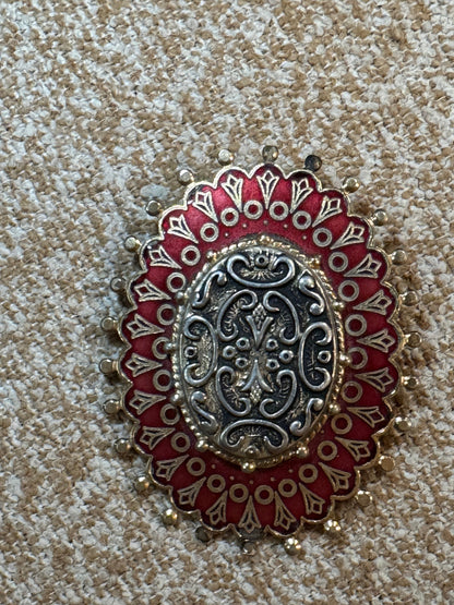 ✨ Vintage Red & Gold Enamel Filigree Brooch or Pendant✨
