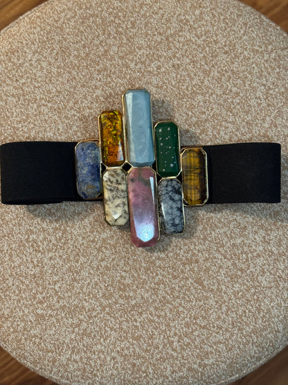 Bold Vintage Statement Stretch Belt with Rectangular Stones - 1980s - 1990s