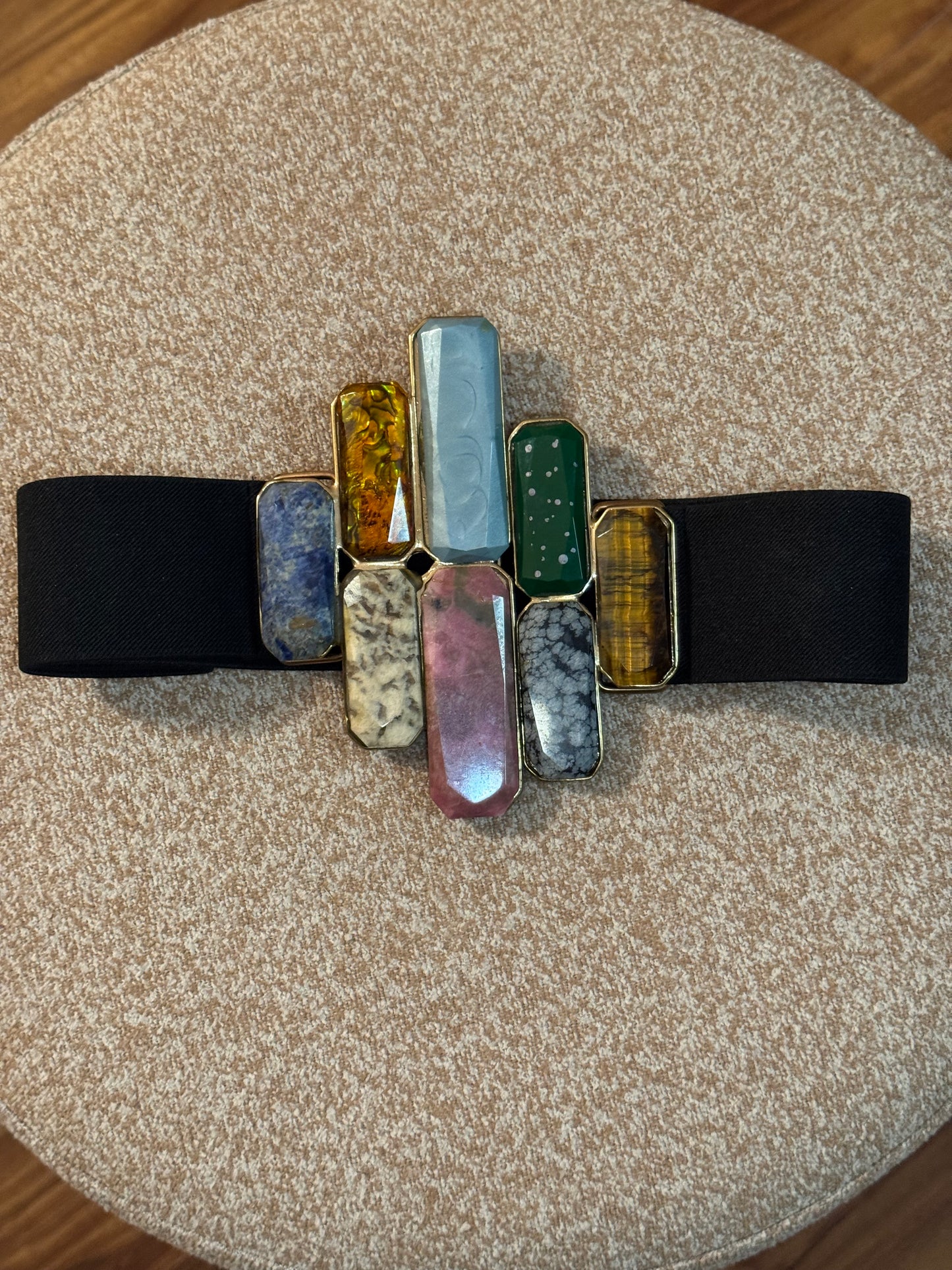 Bold Vintage Statement Stretch Belt with Rectangular Stones - 1980s - 1990s