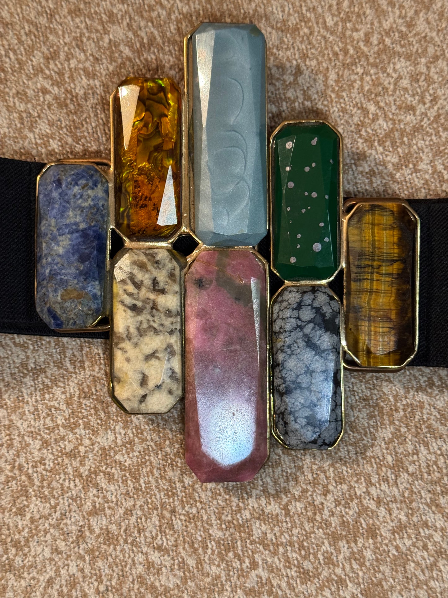 Bold Vintage Statement Stretch Belt with Rectangular Stones - 1980s - 1990s