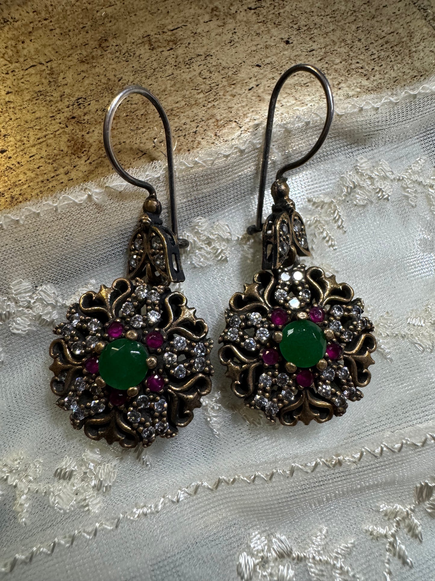 Vintage Boho Turkish Earrings and Pendant – Emerald, Topaz and CZ, 925 Sterling Silver