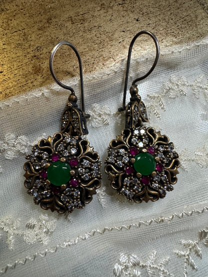 Vintage Boho Turkish Earrings and Pendant – Emerald, Topaz and CZ, 925 Sterling Silver
