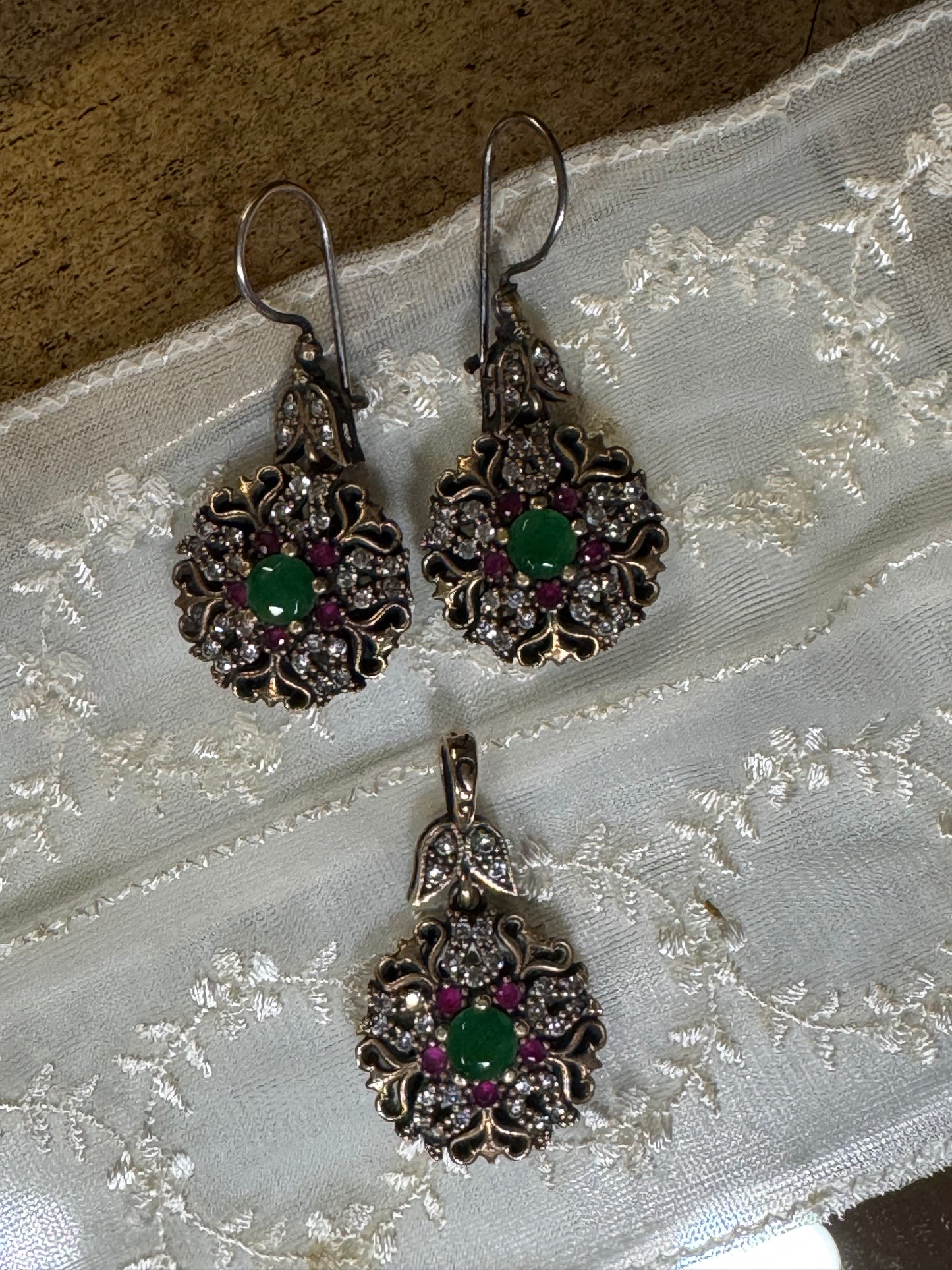 Vintage Boho Turkish Earrings and Pendant – Emerald, Topaz and CZ, 925 Sterling Silver