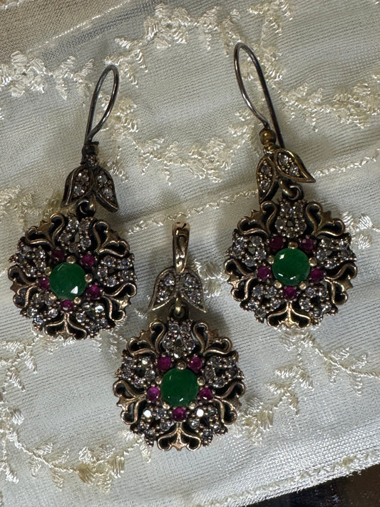 Vintage Boho Turkish Earrings and Pendant – Emerald, Topaz and CZ, 925 Sterling Silver