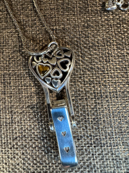 Signed Brighton Floating Heart Badge Clip Necklace