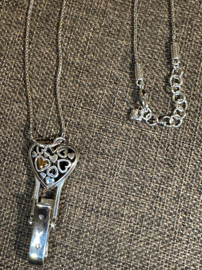 Signed Brighton Floating Heart Badge Clip Necklace