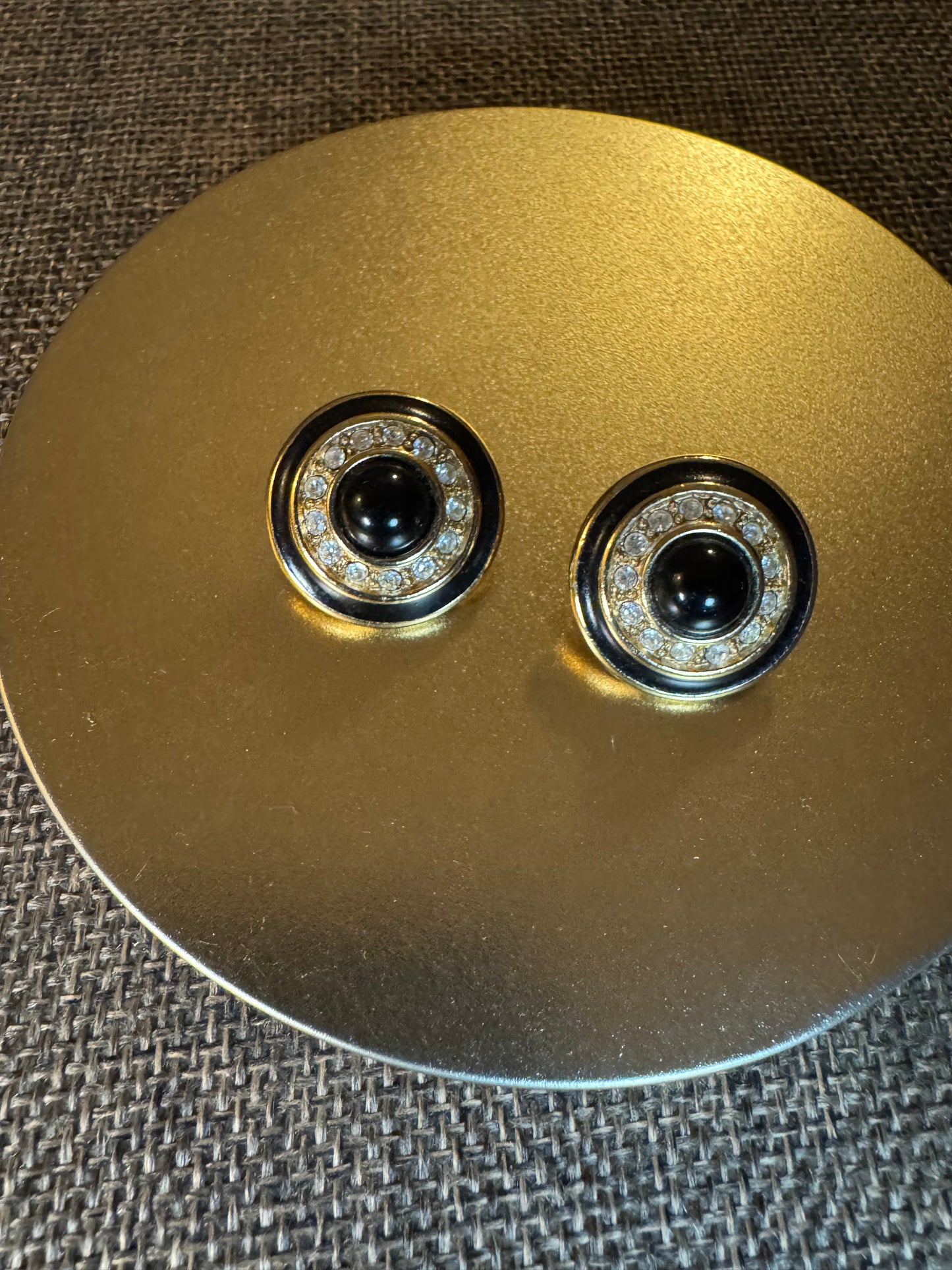 Vintage Black and Gold Tone Rhinestone Stud Earrings | Circa 1980s