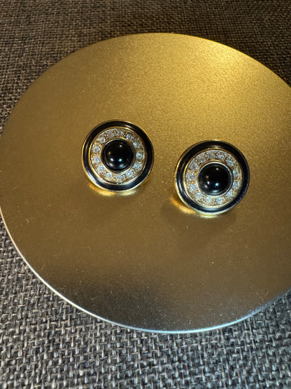 Vintage Black and Gold Tone Rhinestone Stud Earrings | Circa 1980s