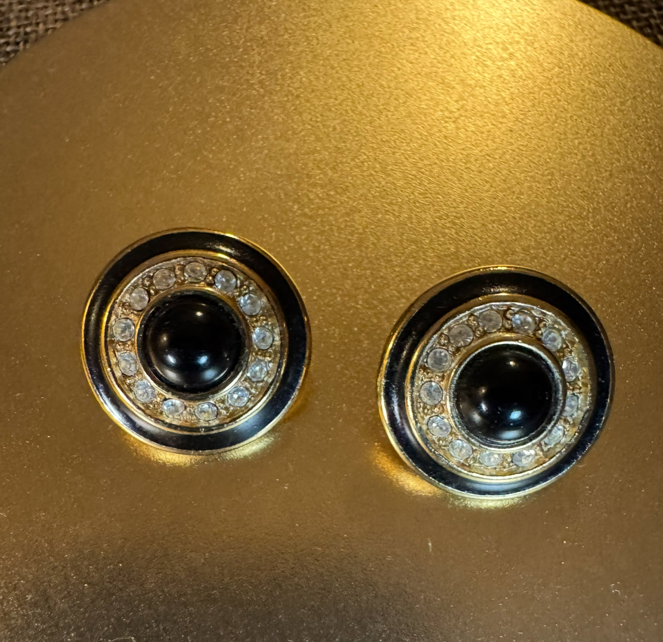 Vintage Black and Gold Tone Rhinestone Stud Earrings | Circa 1980s