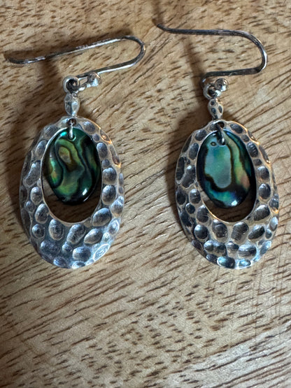 Vintage SX Sterling Silver Hammered Oval & Iridescent Abalone Drop Earrings