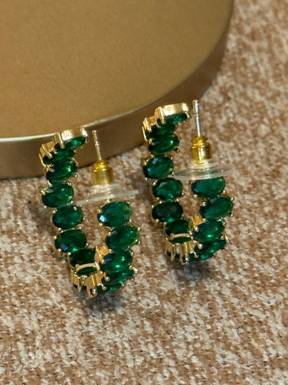 Vintage Green Gemstone Gold Tone Hoop Earrings