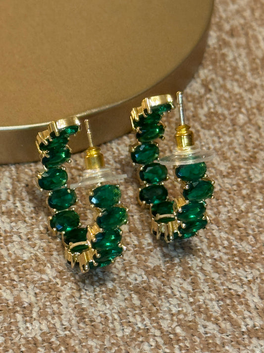 Vintage Green Gemstone Gold Tone Hoop Earrings