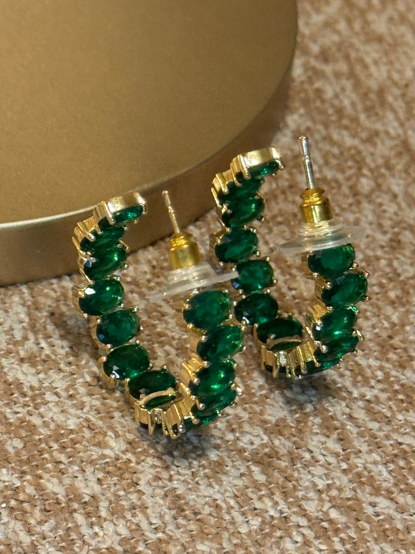 Vintage Green Gemstone Gold Tone Hoop Earrings