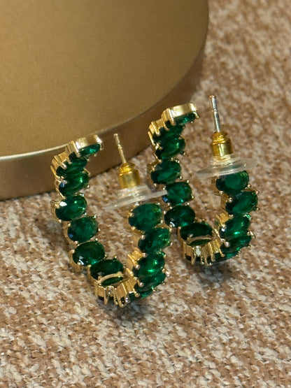 Vintage Green Gemstone Gold Tone Hoop Earrings