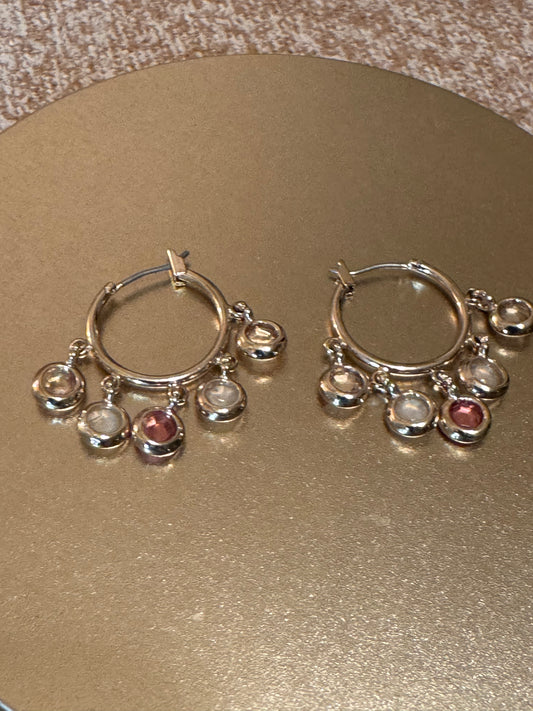 Vintage Gold Hoop Earrings with Multi-Color Pink Crystals