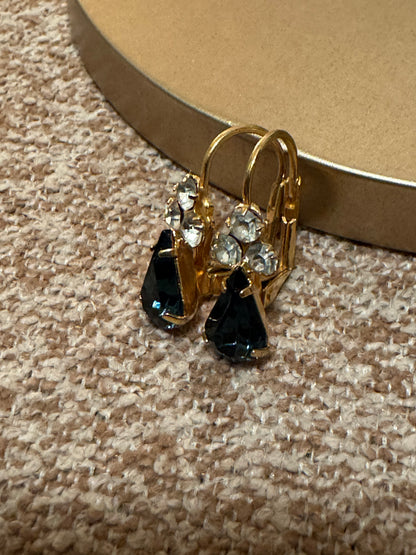 Vintage Gold-tone blue faux sapphire and crystal earrings