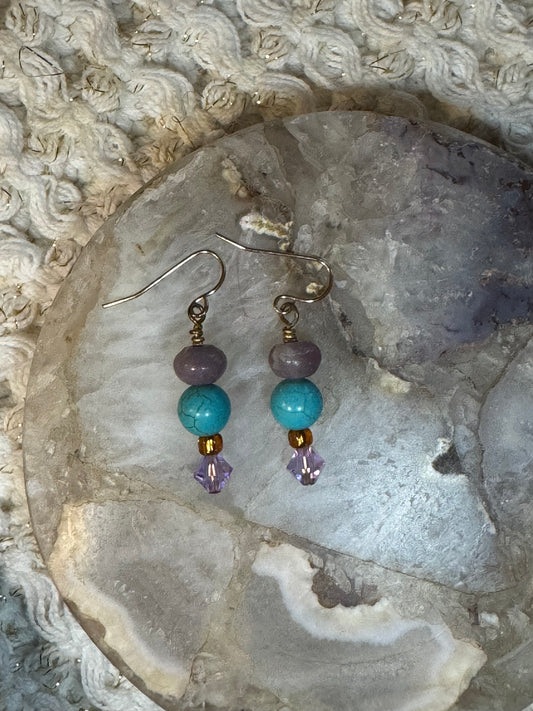 Turquoise and Purple Gemstone Crystal Dangle Earrings