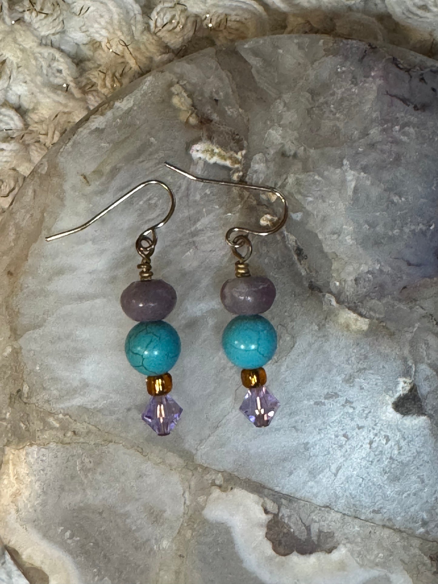 Turquoise and Purple Gemstone Crystal Dangle Earrings