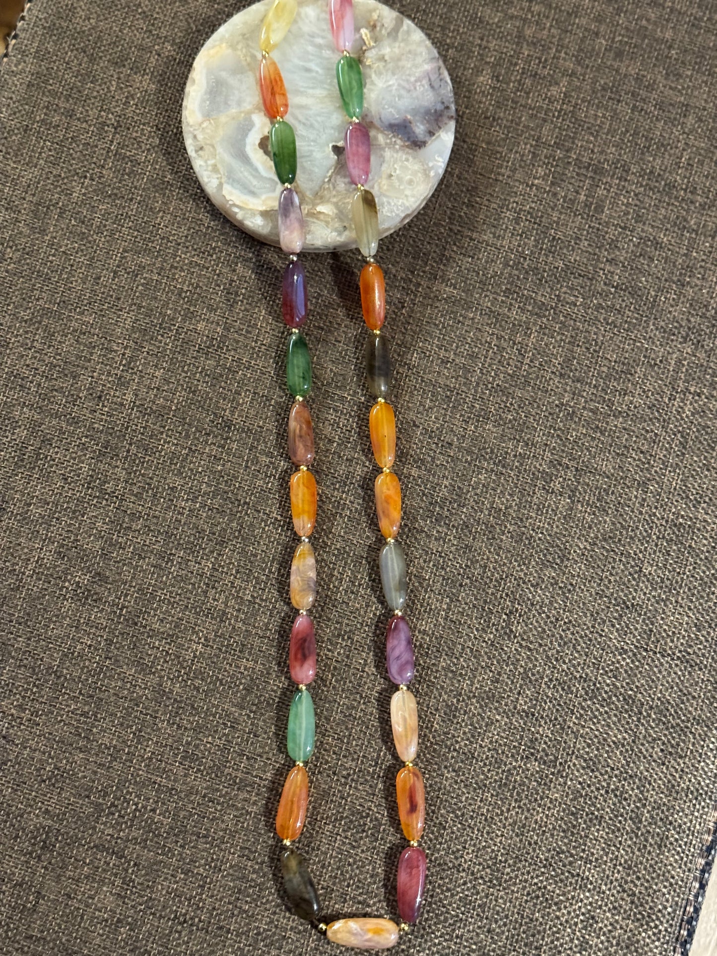 Vintage Faux Agate Lucite Bead Necklace – 28" Statement Length