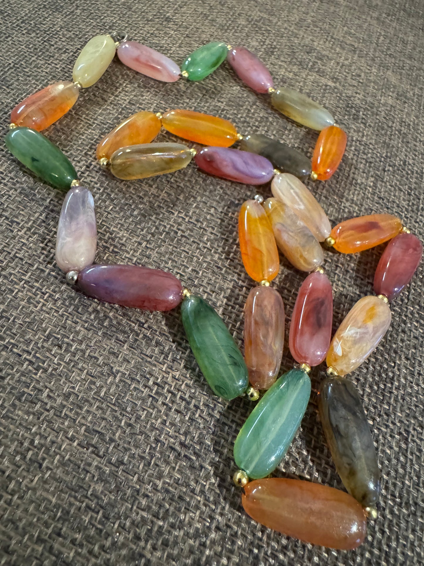 Vintage Faux Agate Lucite Bead Necklace – 28" Statement Length