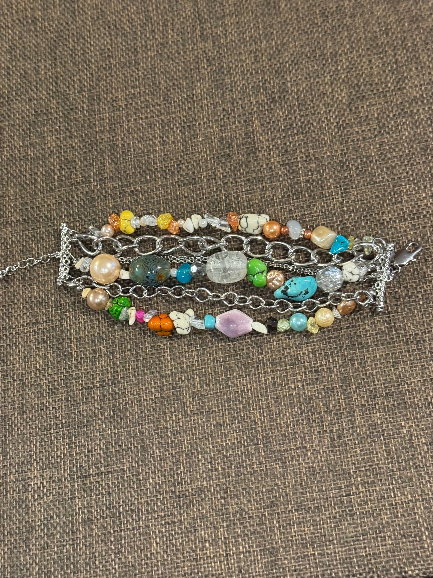 Vintage Signed dB Multi-Strand Gemstone and Pearl Statement Bracelet - 8"