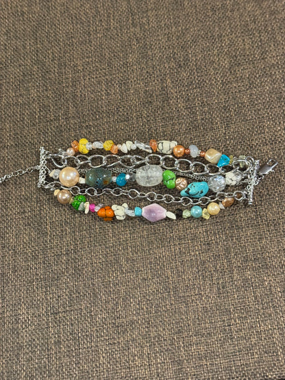 Vintage Signed dB Multi-Strand Gemstone and Pearl Statement Bracelet - 8"