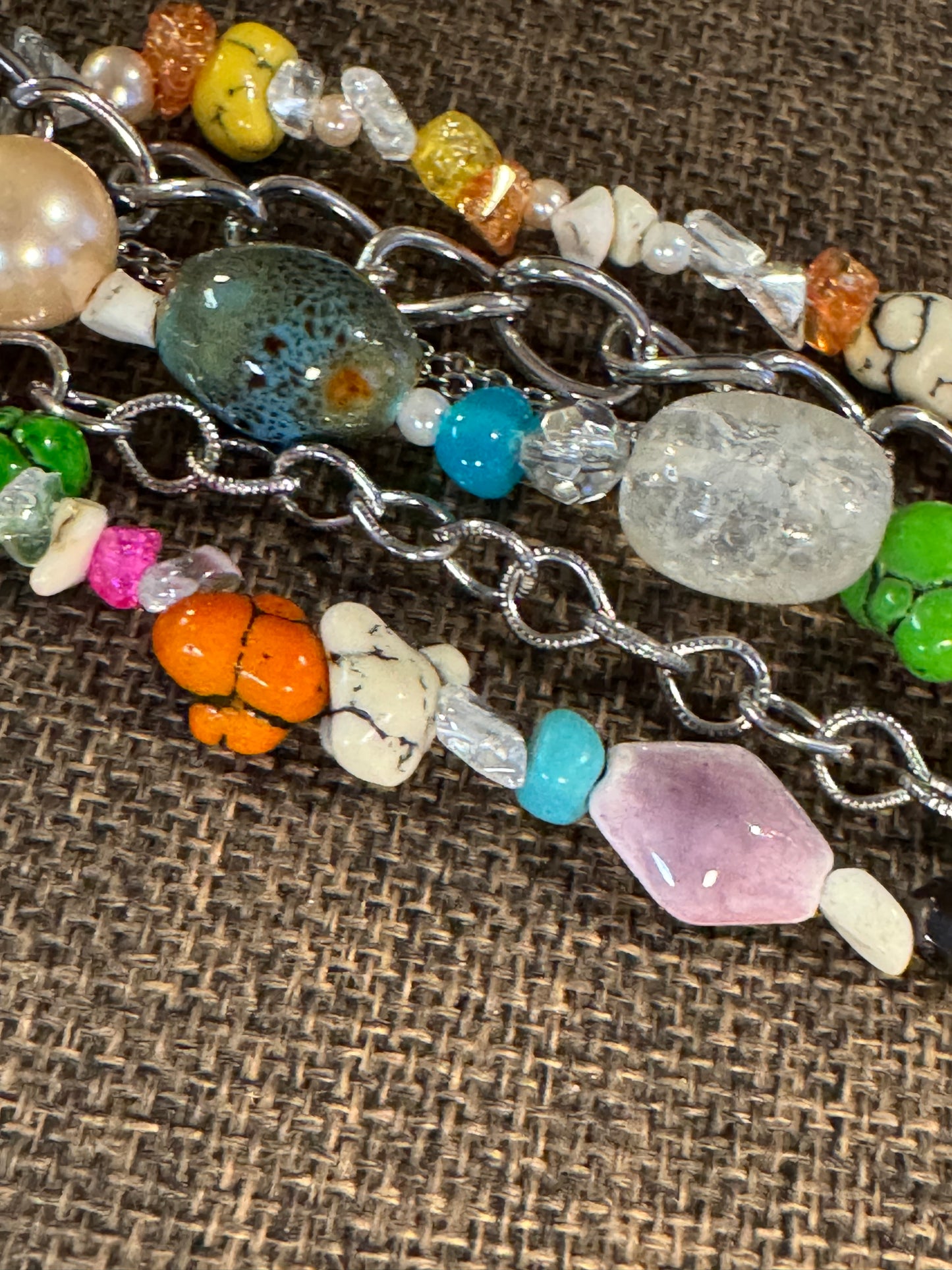 Vintage Signed dB Multi-Strand Gemstone and Pearl Statement Bracelet - 8"