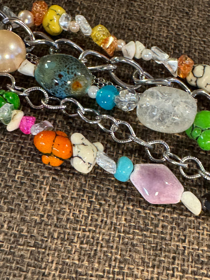 Vintage Signed dB Multi-Strand Gemstone and Pearl Statement Bracelet - 8"