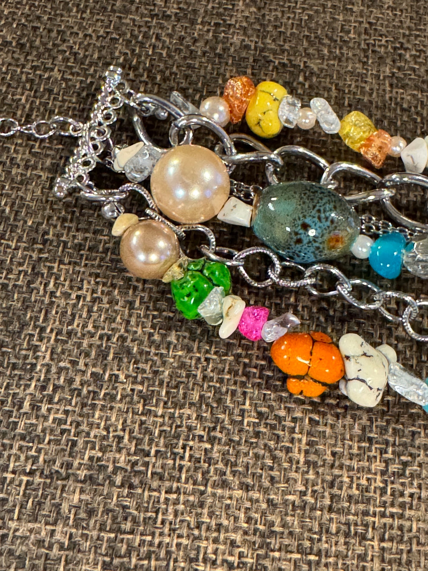 Vintage Signed dB Multi-Strand Gemstone and Pearl Statement Bracelet - 8"