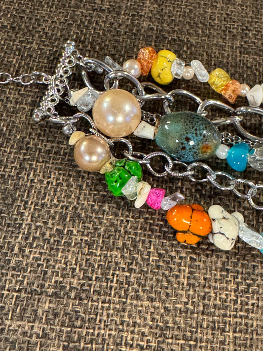 Vintage Signed dB Multi-Strand Gemstone and Pearl Statement Bracelet - 8"